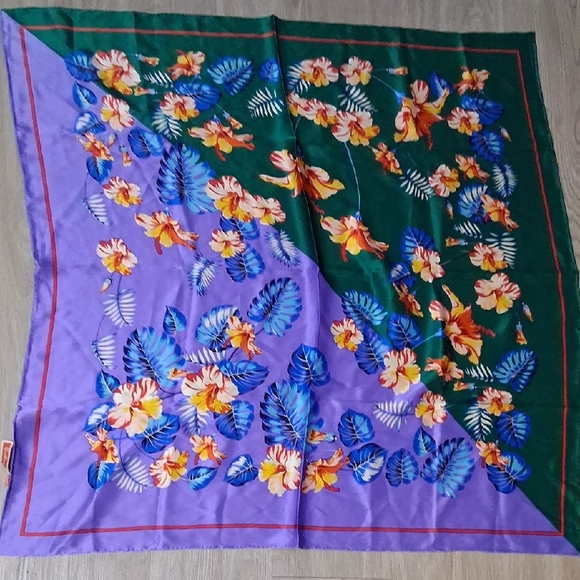 scarf Accessories - Floral Silk Scarf with Green and Purple Design